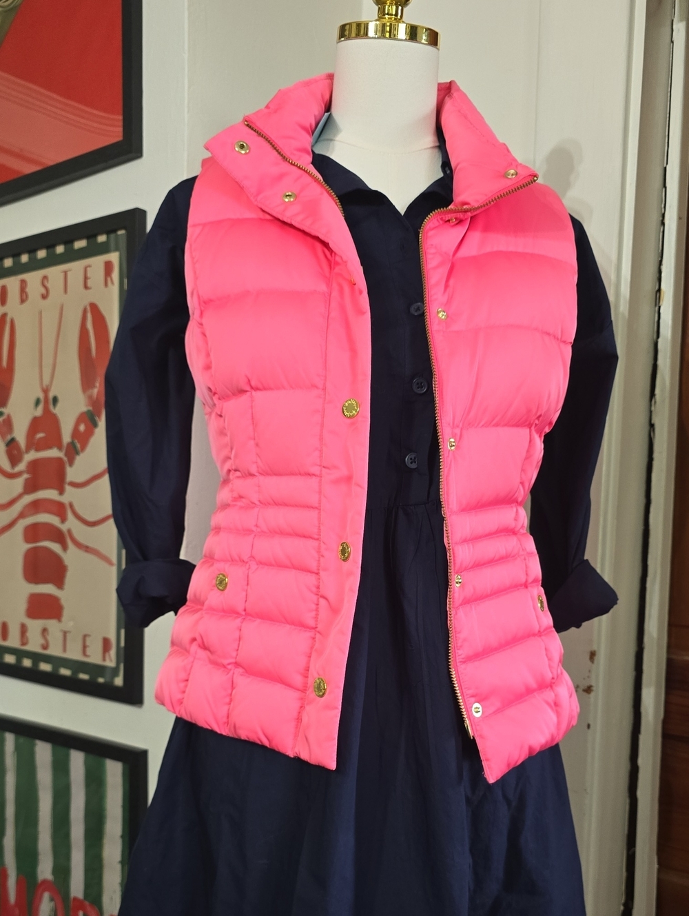 Lilly Pulitzer Neon Pink Quilted Puffer Vest with Gold-Tone Hardware